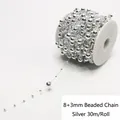 Rollo de 30m de cadena de perlas plateadas 8+3mm para decoración de techos de boda - Hilo de perlas artificiales de 8+3mm / 30 Metros/Rollo / Plateado