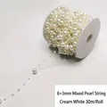 Rollo de 30m de guirnalda de perlas blanco crema 8mm y 3mm para decoración de boda - Hilo de perlas artificiales de 8+3mm / 30 Metros/Rollo / Blanco Roto