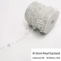 Cadena de perlas iridiscentes de 8mm y 3mm en rollo de 30m para manualidades de boda - Hilo de Perlas Artificiales de 8+3mm (30m/Rollo) / Blanco AB