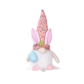 Pink sequin Easter gnome doll with rabbit ears holding a blue polka dot egg - Pink Bunny
