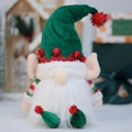 Primo piano di uno gnomo natalizio con cappello di velluto verde e maglione a righe rosse - Verde