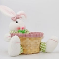 Close-up of white plush bunny basket with pink plaid lining and natural bamboo weave - Rabbit Storage Basket Female Style