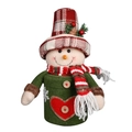Detail of Christmas snowman candy jar with red plaid hat and rustic button accents - Snowman