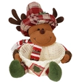 Detail eines Rentier-Plüsch-Weihnachtskorbs mit festlichem Schal und gewebten Elementen - Hirsch