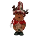 Detail van Kerstmis pluche rendierpop met geruite muts en een klein linnen zakje - Hert