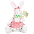 Primer plano de conejo de Pascua blanco con vestido a cuadros rosa y cartel Easter Hunt - Estilo de Conejo Hembra / Blanco/Rosa