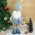 Details einer blauen Samt-Weihnachtsmann-Puppe mit Teleskopbeinen in Festdekor - Weihnachtsmann-Stil