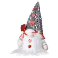 Detail of sequined gray hat and plush white beard with red heart accents on gnome doll - Gray