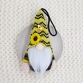 Detail of bee themed knitted gnome with sunflower decoration and long white beard - Black And Yellow Horizontal Stripe Style (0427)