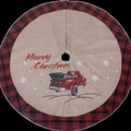 Round Christmas tree skirt with red truck motif and classic red black plaid border - Pulling Tree Truck