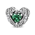 Detailed view of silver heart charm with emerald green gemstone and leaf engraving - Vitality Heart Style (PAC1727)