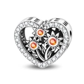 Silver heart charm with sunflower motif and orange zircon crystals for DIY bracelets - Heart Sunflower Bead (PAC1729)