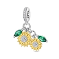 Detail of silver sunflower charm with green leaves and pavé-set sparkling cubic zirconia - Sunflower Pendant Charm