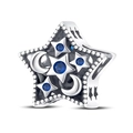 Detailed pentagram charm with crescent moon and blue gemstones in silver finish - Dreamcatcher Star Charm (PAC501)