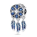 Macro shot of silver dreamcatcher charm with blue stones and three gradient feathers - Dreamcatcher Blue Stone Charm (PAC517)