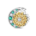 Macro shot of silver crescent moon and golden sunflower charm with colorful gemstones - Moon Sunflower Bead