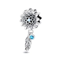 Detail of silver sunflower charm with blue stones and delicate feather pendant - Dreamcatcher Sunflower Charm (PAC518)