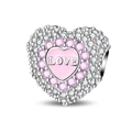 Macro shot of silver heart charm with pink LOVE enamel and sparkling crystal pavé - Premium Heart Bead (PAC1717)