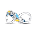 Detail of silver feather ring featuring blue and yellow enamel with infinity symbol - Dreamcatcher Lucky Feather Infinity Charm (PAC521)