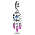 Detailed view of silver dreamcatcher charm with blue butterfly and pink feather pendants - Dreamcatcher Butterfly Charm (PAC522)