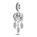 Detailed silver tree of life heart charm with colorful stones and feather pendants - Dreamcatcher Heart Life Tree Charm (PAC523)