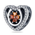 Detail of silver heart charm with lucky horseshoe, four-leaf clover and orange zircons - Heart Clover Lucky Bead (PAC193)