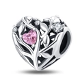 Macro van zilveren hartbedel met roze kristal en hol uitgesneden rankpatroon - Hart Levensboom Stijl (PAC819)