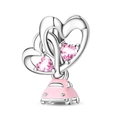 Detail of silver double heart charm with pink zircon and enamel car pendant for bracelets - Happy Wedding Car Bead(PAC1888)