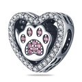 Detailed macro view of heart-shaped charm with pink gem paw print and silver plating - Heart Paw Print Bead (PAC194)