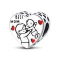 Detail of silver heart charm with Best Mom engraving and red enamel accents - Mother And Child Heart Style (PAC820)