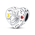 Detailopname van zilveren hartvormige bedel met roze engel en maan voor DIY-armbanden - Hart Engel Zegening Stijl (PAC821)
