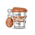 Detailed view of coffee cup charm with brown enamel and More Coffee Time engraving - Good Luck Coffee Bead (PAC1708)