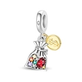 Detailed view of silver money bag charm with colorful stones and hanging gold dollar coin - Fortune Bag (PAC1916)