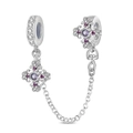 Detail of silver safety chain with purple gemstone and baroque floral charm engraving - Classic Cross Floral Safety Chain