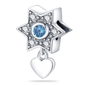 Detail of silver star charm featuring blue gemstone and dangling polished heart pendant - Hexagram Star Charm (PAC225)