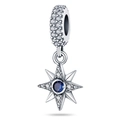 Detailed view of silver star charm with blue stone and pavé cubic zirconia - Eight Point Star Charm (PAC258)