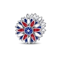 Detailed macro view of American flag style sunflower charm in silver with enamel finish - American Style Patriotic Sunflower