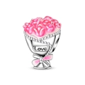 Macro shot of silver bouquet charm with pink enamel roses and Love engraving - Tulip Bouquet Bead(PAC1901)