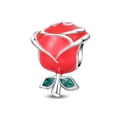 Detailed close-up of a red rose flower charm with green leaves for DIY bracelets - Rose Bead(PAC1902)