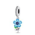Detail of silver blue enamel flower charm with a small bee and sparkling zircons - Color Changing Blue Star Flower (PAC812)