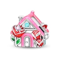 Detail of silver-plated house charm with pink roof and red roses for DIY bracelets - Romantic Full House Bead(PAC1904)