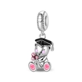 Close-up of a silver graduation bear charm with a black mortarboard and pink flowers - Graduation Bear Pendant (PAC1513)