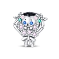 Macro shot of silver graduation bear charm with blue gem eyes and pink flowers - Graduation Bear Flower Bead (PAC1514)