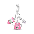 Macro detail of gardening theme charm with pink watering can and floral tulip pendant - Planting Romance (PAC1911)