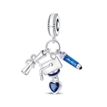Detailed view of silver graduation charms featuring a cap, scroll, and blue pencil - Perfect Graduation Trio Pendant (PAC1515)