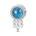 Macro shot of silver bead charm with blue gemstone center and triple teardrop dangles - Wishing Dreamcatcher (PAC1912)