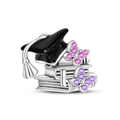 Silver graduation charm featuring books, black academic cap and colorful crystal butterflies - Glorious Graduation Bead (PAC1518)