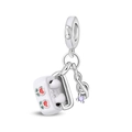 Detailed close-up of a silver music charm with headphone case, cherry enamel, and zircon - Heart Rhythm (PAC1909)