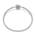 Close-up of heart clasp with purple butterfly pattern on silver mesh chain bracelet - 17cm / Butterfly Style (PAB034)