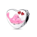 Detalle de dije de corazón con pájaro rosa esmaltado y corazones calados para joyas - Cuenta de Refugio de Pájaro Rosa (PAC963)